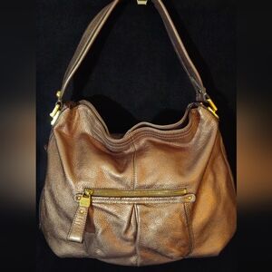 b. makowsky Metallic/Bronze Leather Hobo Shoulder Bag